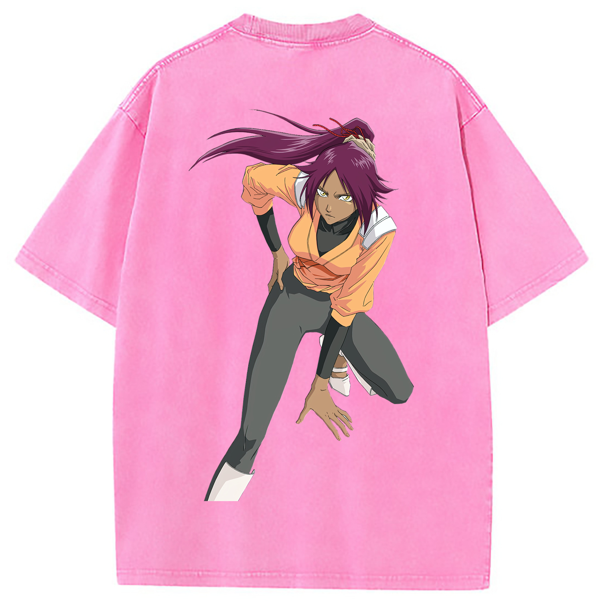 （画像用） ブリーチ 四楓院 夜一（しほういん よるいち） BLEACH Shihouin Yoruichi 綿100% ヴィンテージ風 半袖Tシャツ（背面プリント）